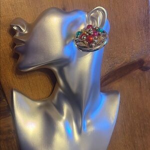 VTG 80s Mardi Gras Colors Cornucopia Red Gold & Green Large Bead Earrings